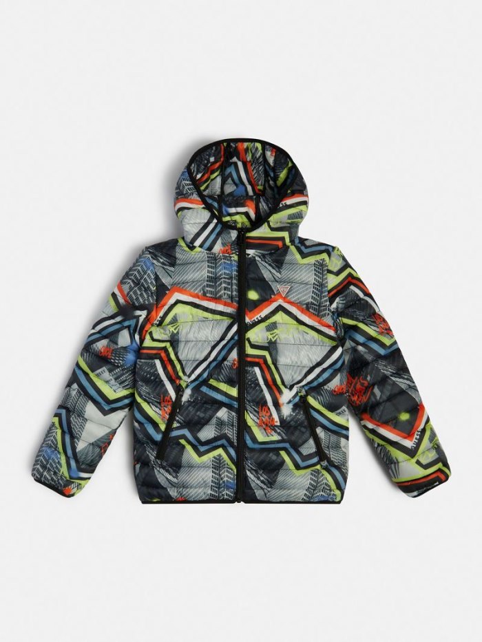 Guess All Over Print Çocuk Puffer Jacket Gri | TR-289625