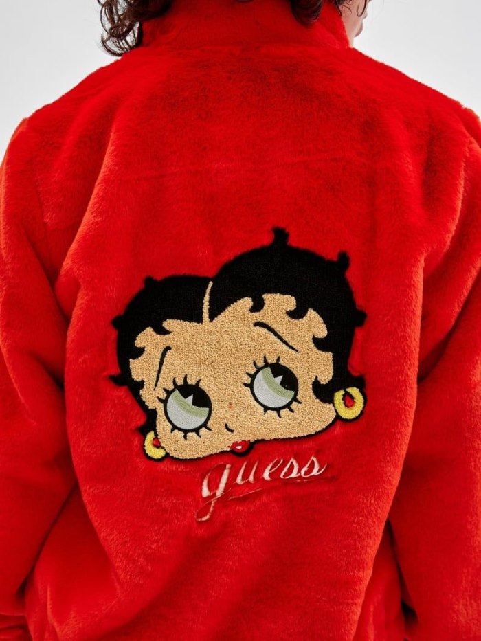 Guess Back Betty Boop Patch Faux Fur Kadın Ceket Kırmızı | TR-125601