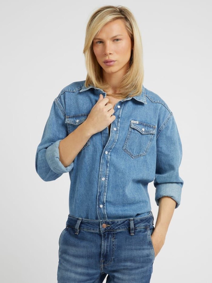 Guess Back Patch Erkek Denim Shirts Mavi | TR-851248