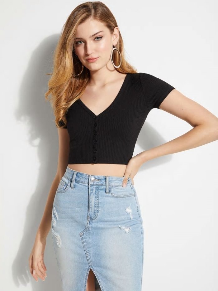 Guess Button-through Crop Kadın Üstler Siyah | TR-470141