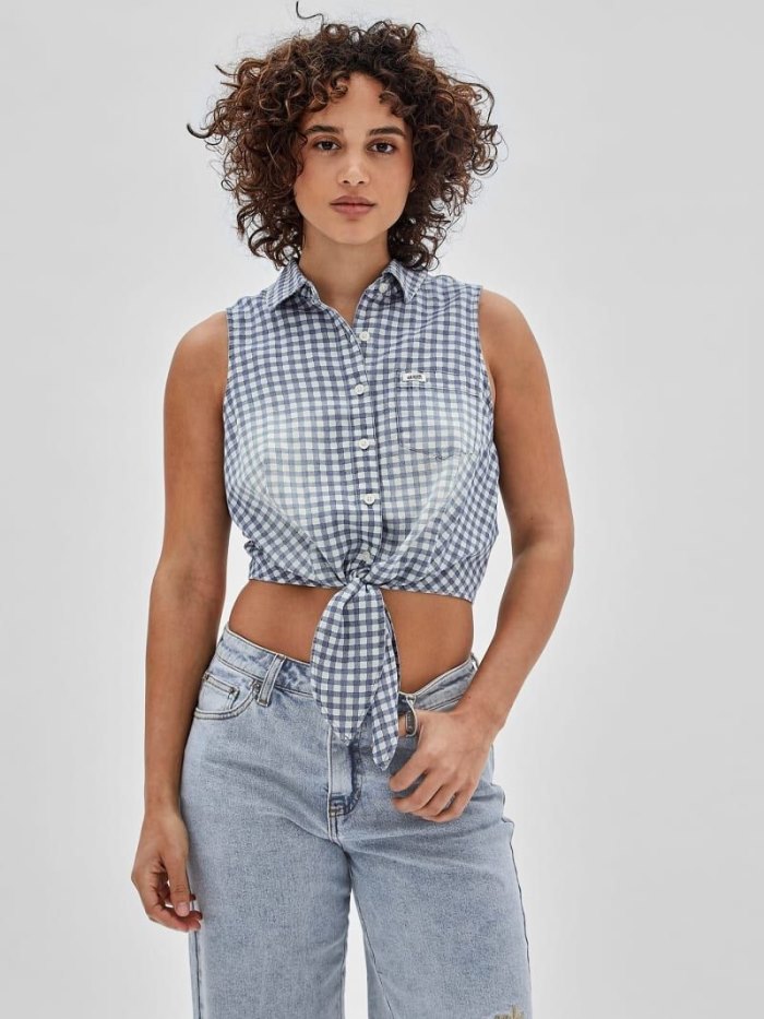 Guess Checked Print Kadın Üstler Mavi | TR-564044