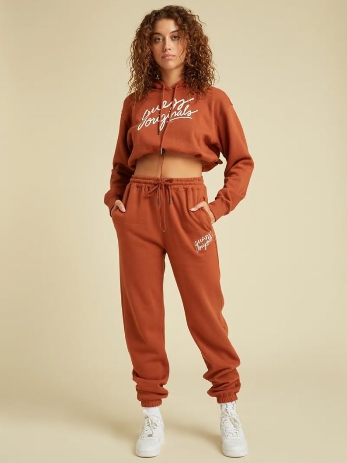 Guess Cropped Kadın Kapüşonlu Sweatshirt Kırmızı | TR-563605