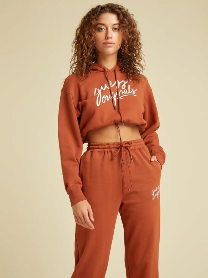 Guess Cropped Kadın Kapüşonlu Sweatshirt Kırmızı | TR-563605