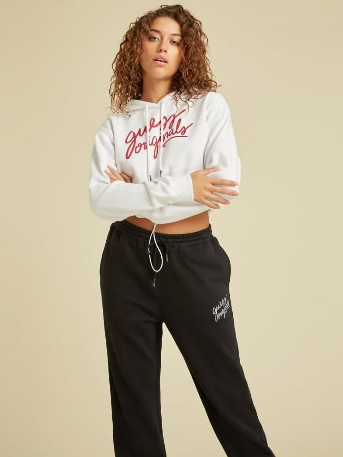 Guess Cropped Kadın Kapüşonlu Sweatshirt Beyaz | TR-708740