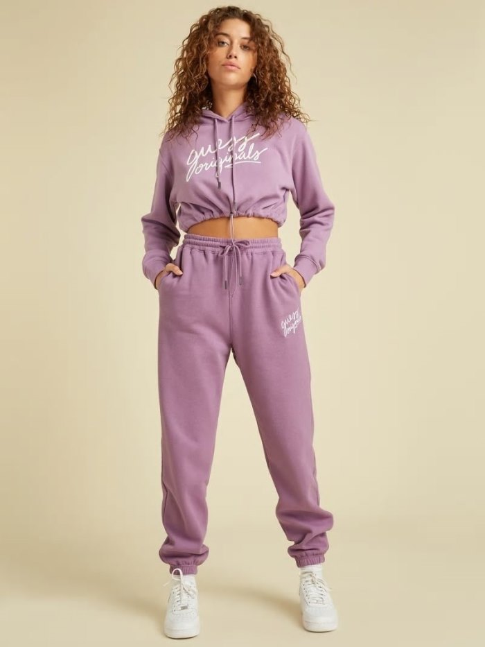 Guess Cropped Kadın Kapüşonlu Sweatshirt Lilac | TR-733078