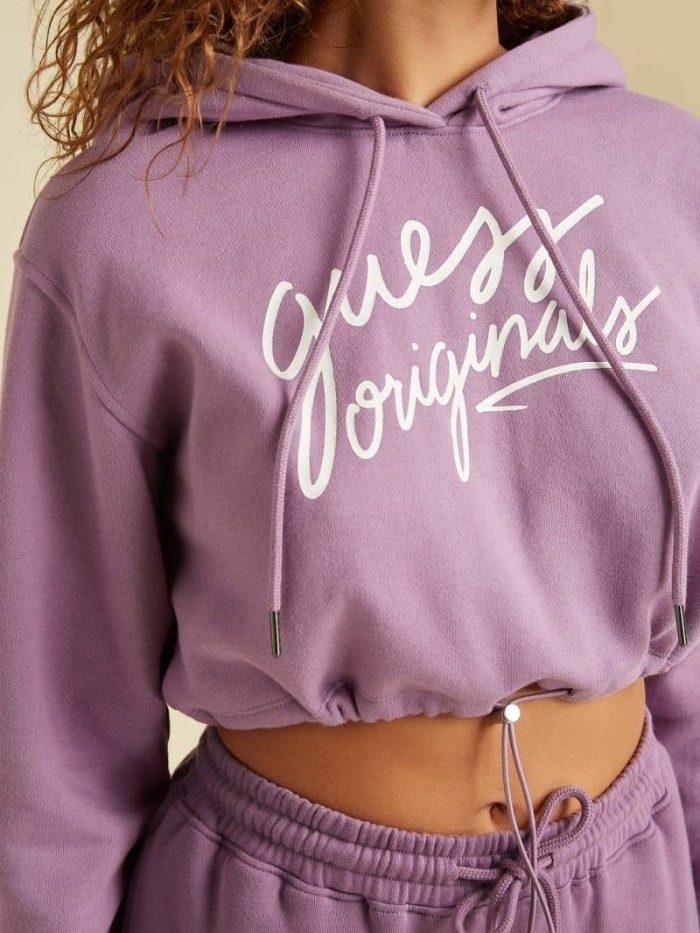 Guess Cropped Kadın Kapüşonlu Sweatshirt Lilac | TR-733078