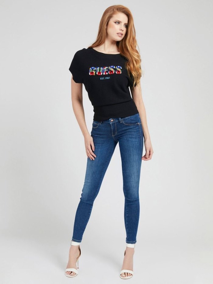 Guess Embroidery Front Logo Kadın Kazak Siyah | TR-826476