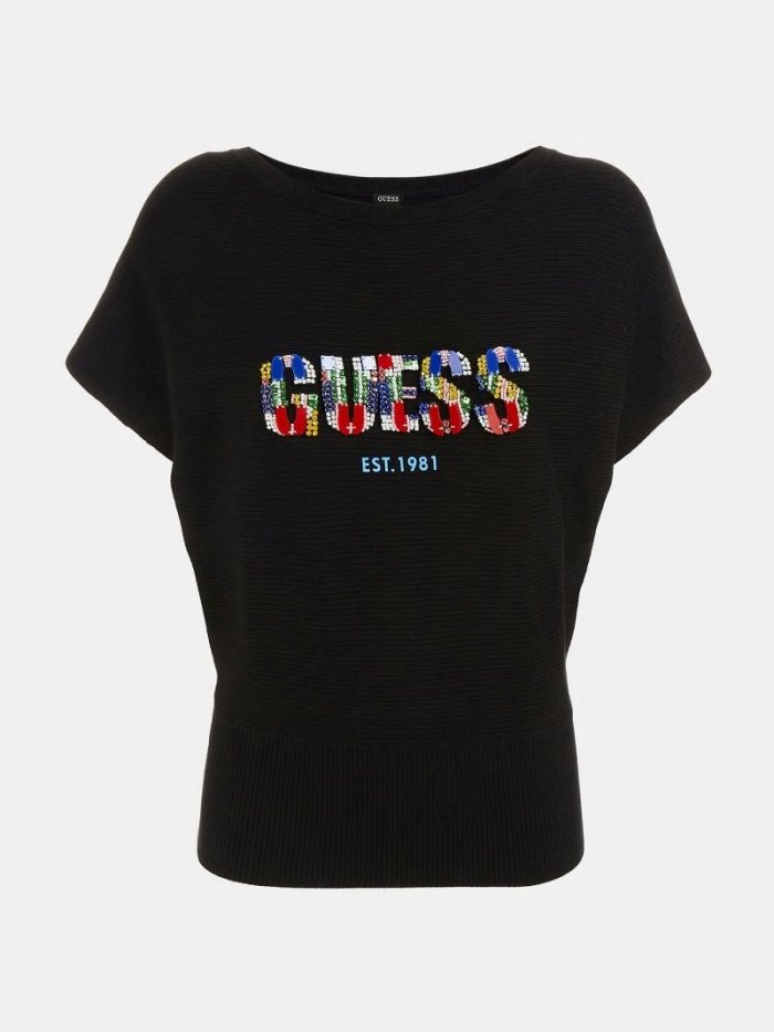 Guess Embroidery Front Logo Kadın Kazak Siyah | TR-826476