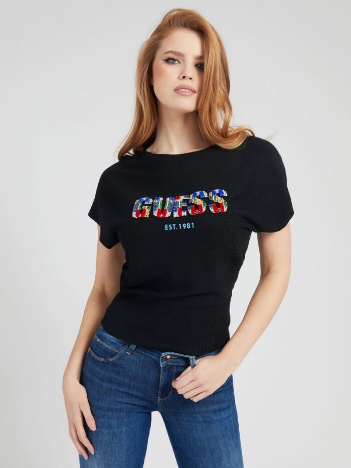 Guess Embroidery Front Logo Kadın Kazak Siyah | TR-826476