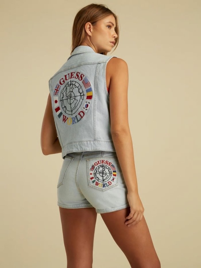 Guess Flag Logo Kadın Denim Gilet Açık Mavi | TR-409254