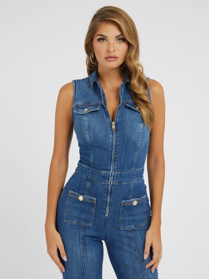 Guess Flare Kadın Denim Jumpsuit Mavi | TR-725892