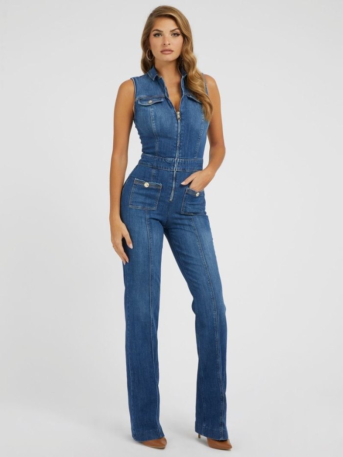 Guess Flare Kadın Denim Jumpsuit Mavi | TR-725892