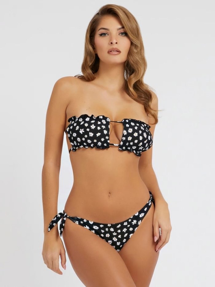 Guess Floral Print Bandeau Kadın Bikini Bra Siyah | TR-449072