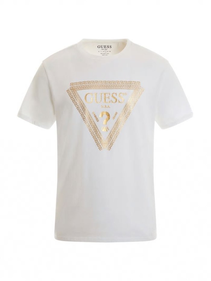 Guess Foil Triangle Logo Erkek Tişört Beyaz | TR-749388