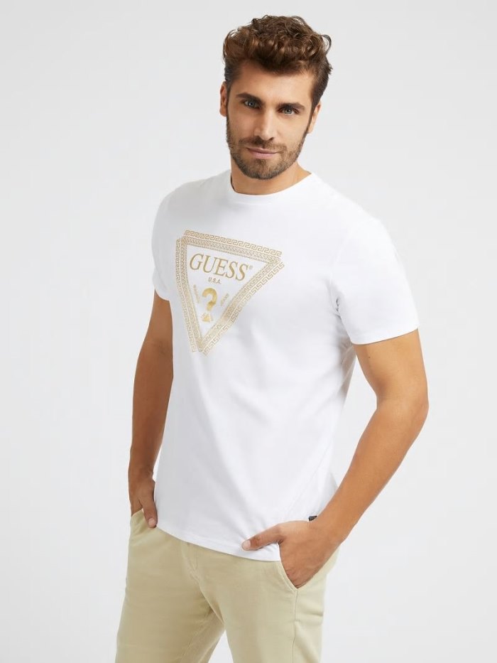 Guess Foil Triangle Logo Erkek Tişört Beyaz | TR-749388