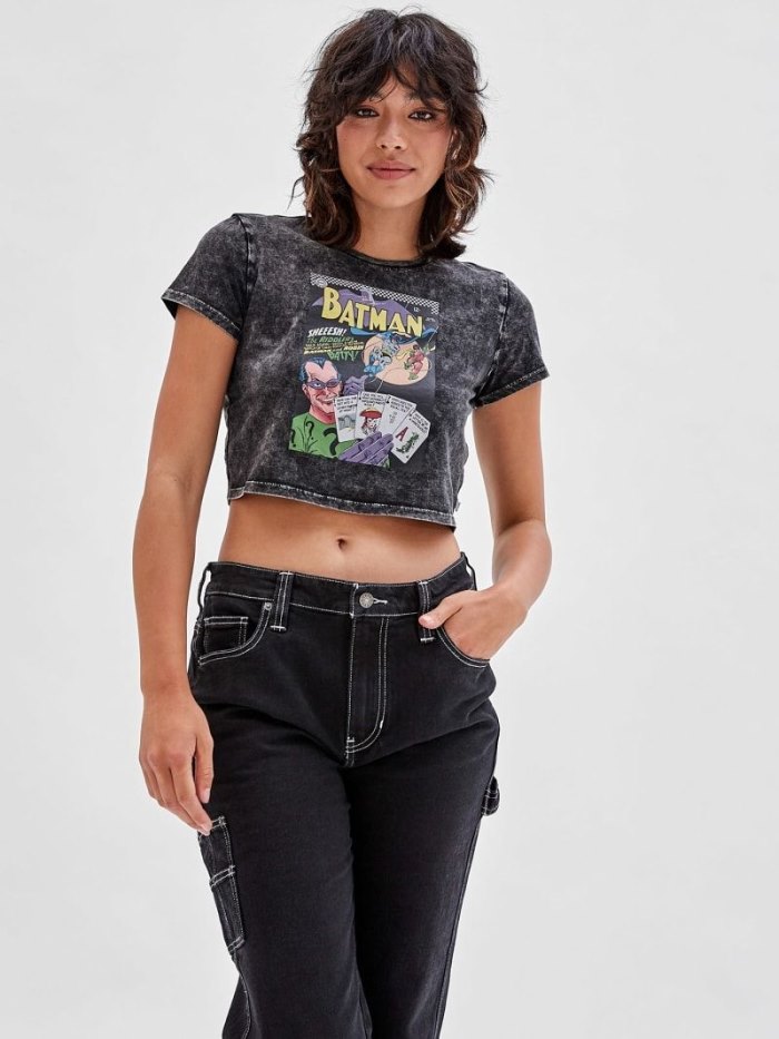 Guess Front Batman Print Crop Kadın Tişört Siyah | TR-105458