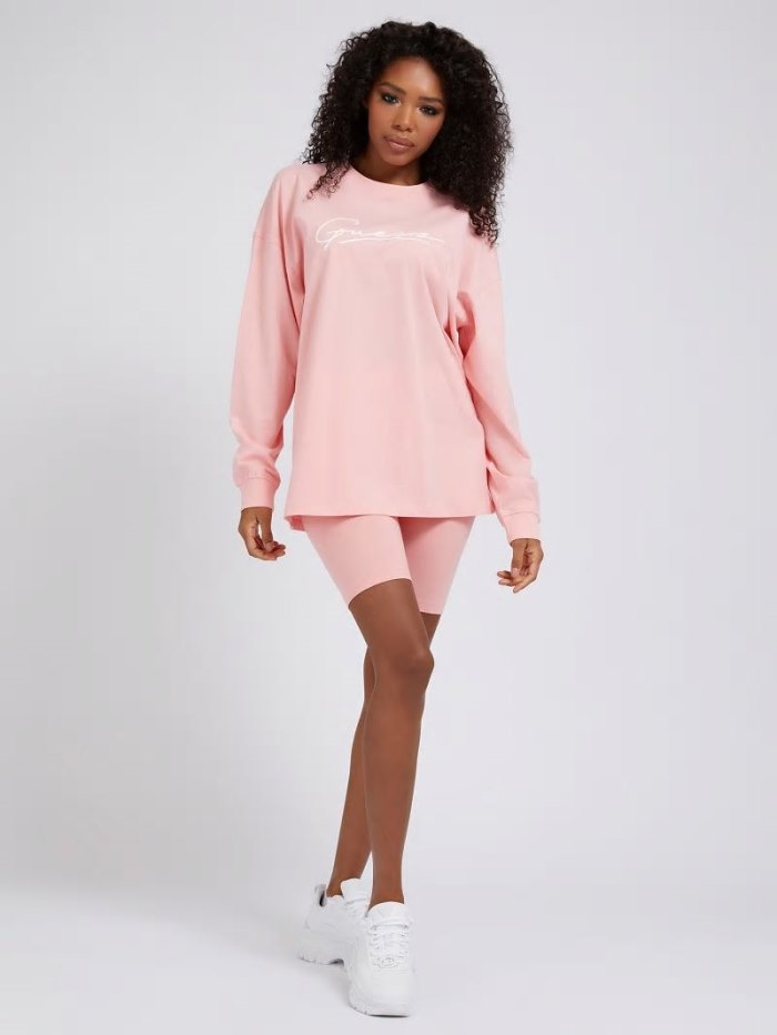 Guess Front Logo Long Sleeves Kadın Tişört Açık Pembe | TR-352881