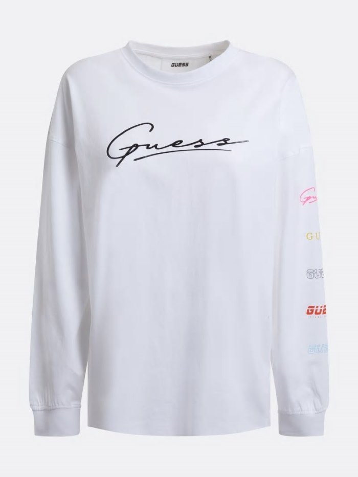 Guess Front Logo Long Sleeves Kadın Tişört Beyaz | TR-389342