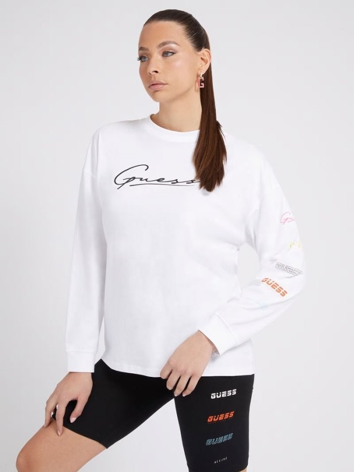 Guess Front Logo Long Sleeves Kadın Tişört Beyaz | TR-389342