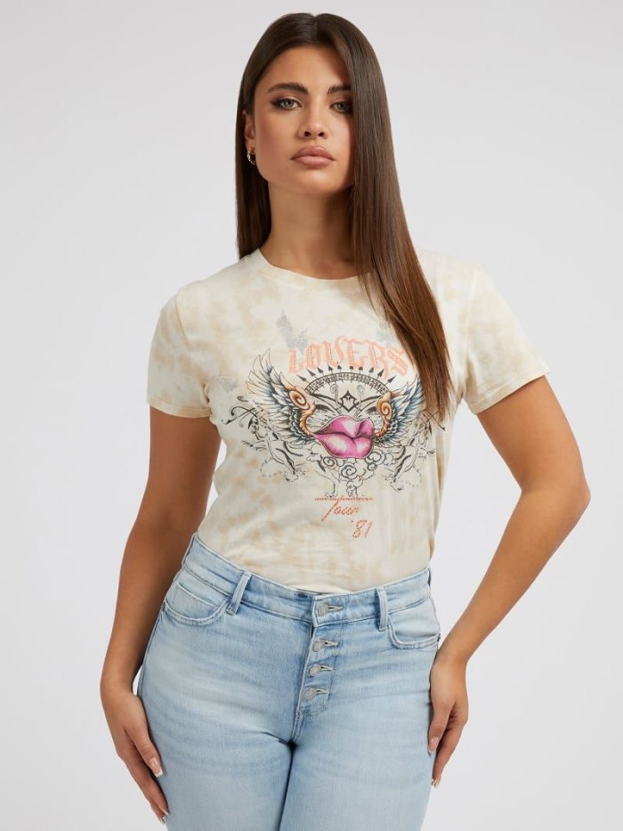 Guess Front Print Kadın Tişört Bej Rengi | TR-424351