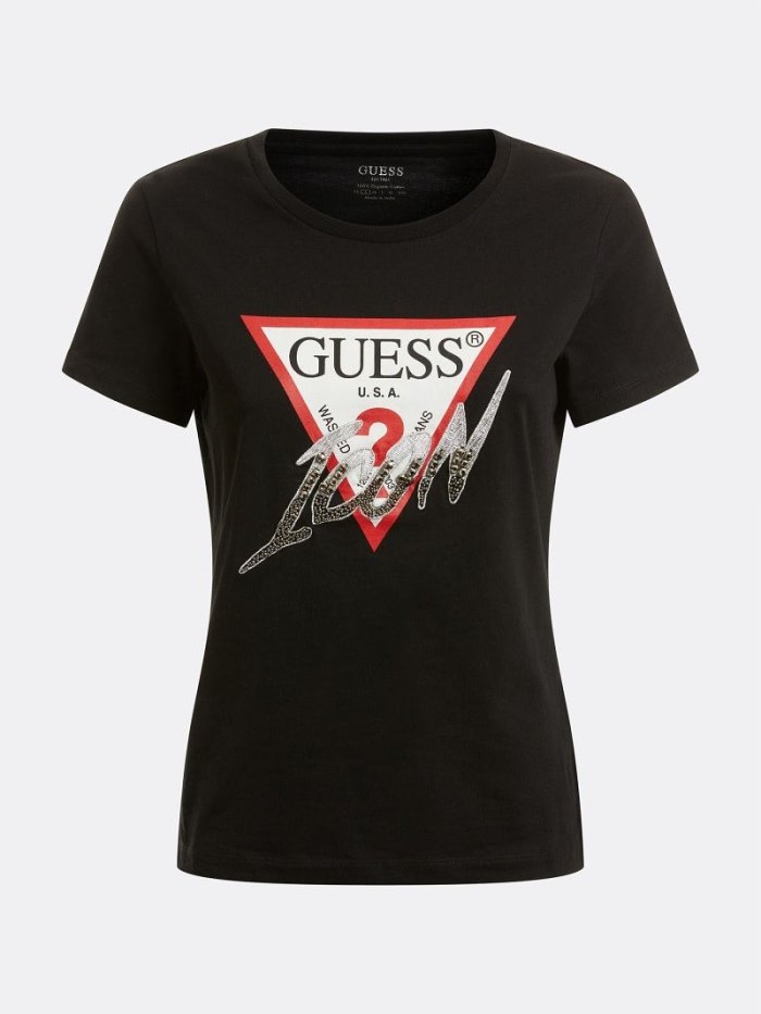 Guess Front Triangle Logo Kadın Tişört Siyah | TR-844166