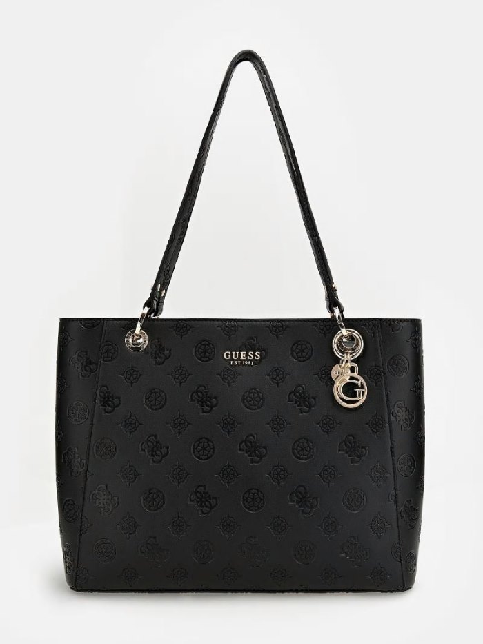 Guess Galeria Embossed Logo Tote Bag Kadın Çanta Siyah | TR-038039