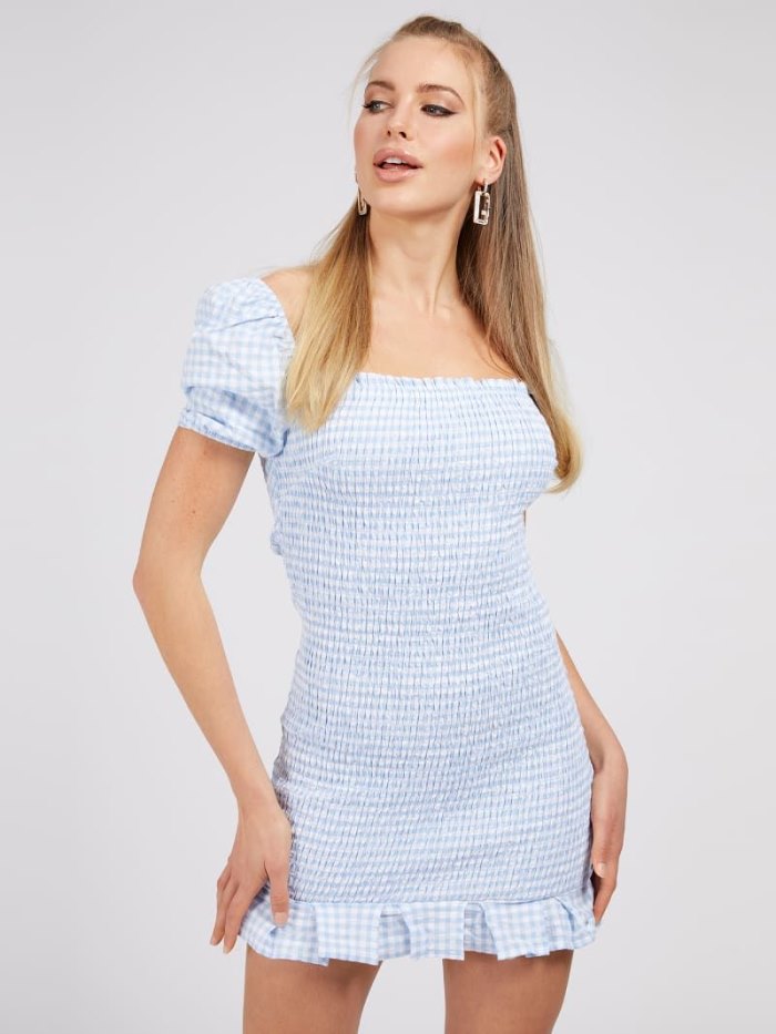 Guess Gingham Check Kadın Elbise Mavi | TR-487505