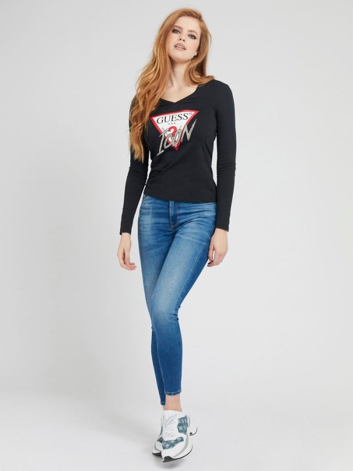 Guess Icon Logo T-shirt Applications Kadın Tişört Siyah | TR-076340