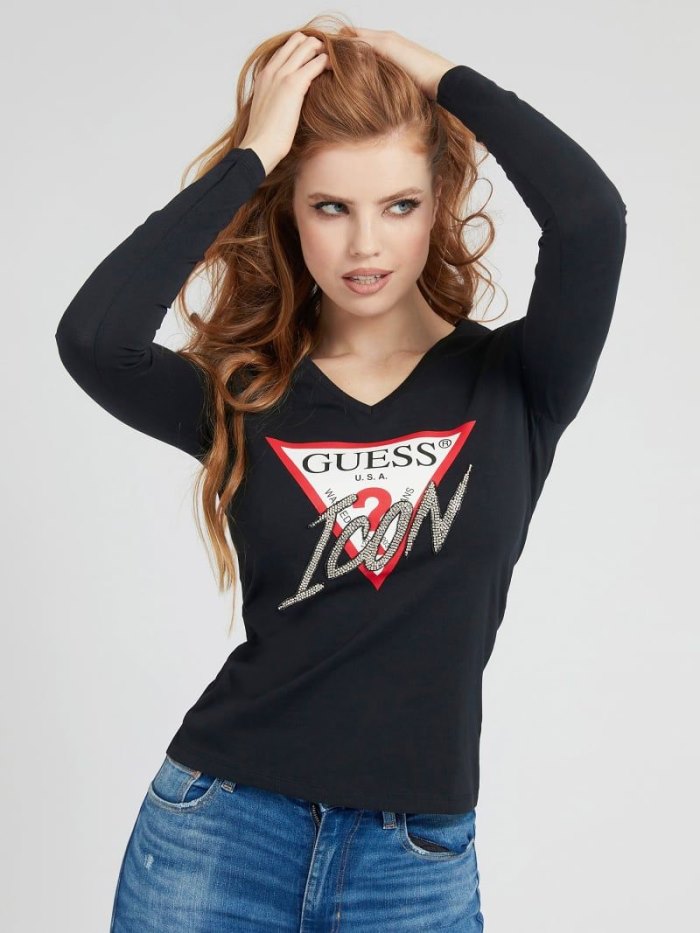 Guess Icon Logo T-shirt Applications Kadın Tişört Siyah | TR-076340