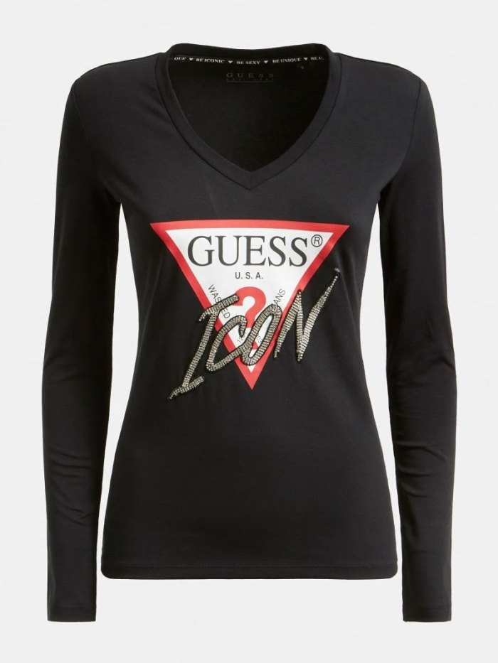 Guess Iconic Rhinestone Triangle Kadın Tişört Siyah | TR-716751