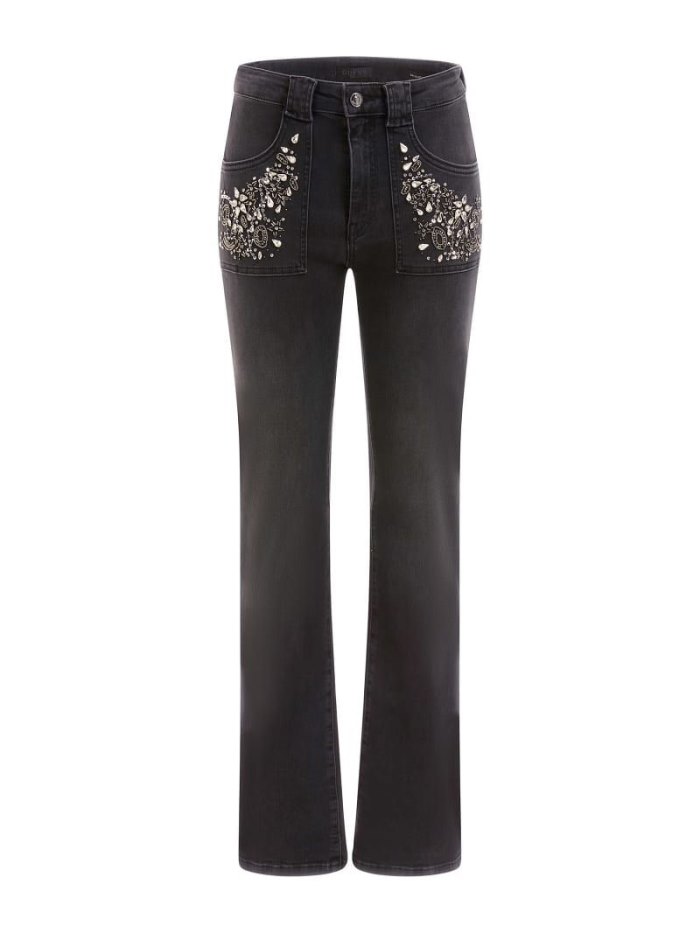 Guess Kot Pantolon Bootcut Denim Pant Rhinestones Kadın Giyim Siyah | TR-315843