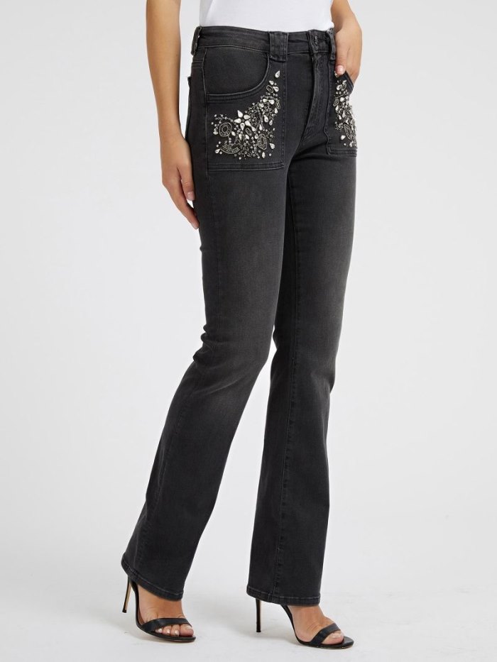 Guess Kot Pantolon Bootcut Denim Pant Rhinestones Kadın Giyim Siyah | TR-315843