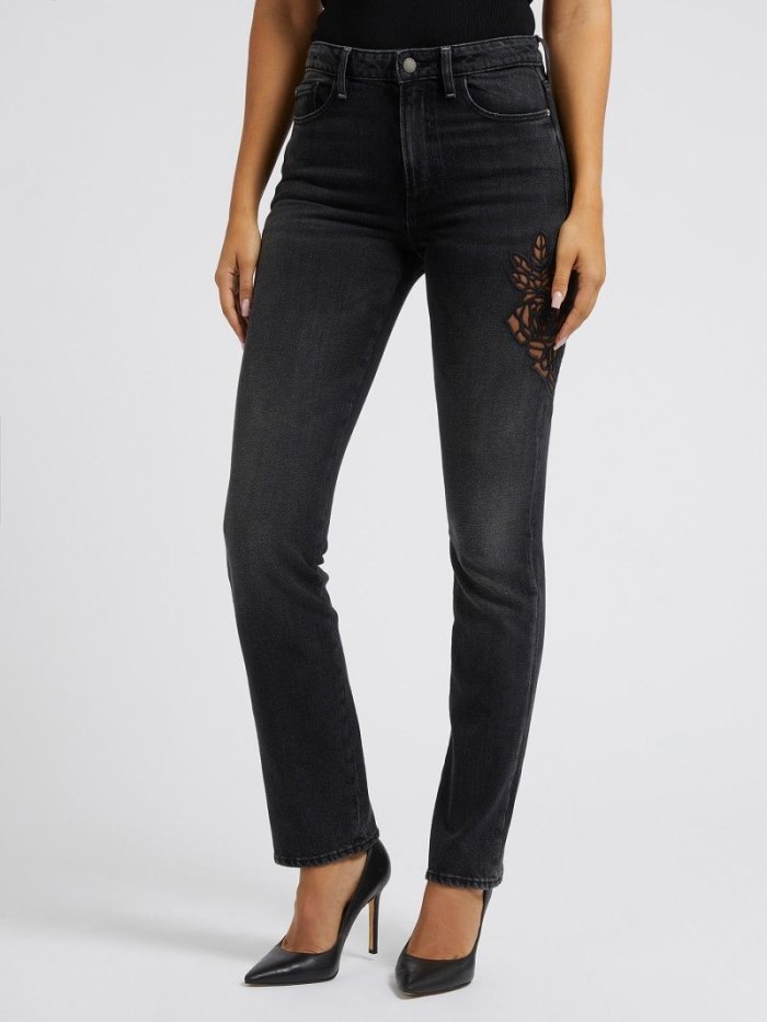 Guess Kot Pantolon Relaxed Fit Denim Pant Embroidery Kadın Giyim Siyah | TR-659270