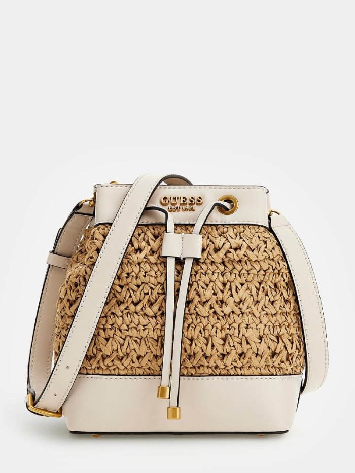 Guess Liguria Straw Mini Bucket Bag Kadın Kova Çanta Beyaz | TR-482131