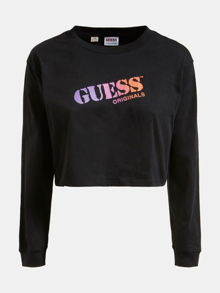 Guess Logo Crop Kadın Tişört Siyah | TR-907499