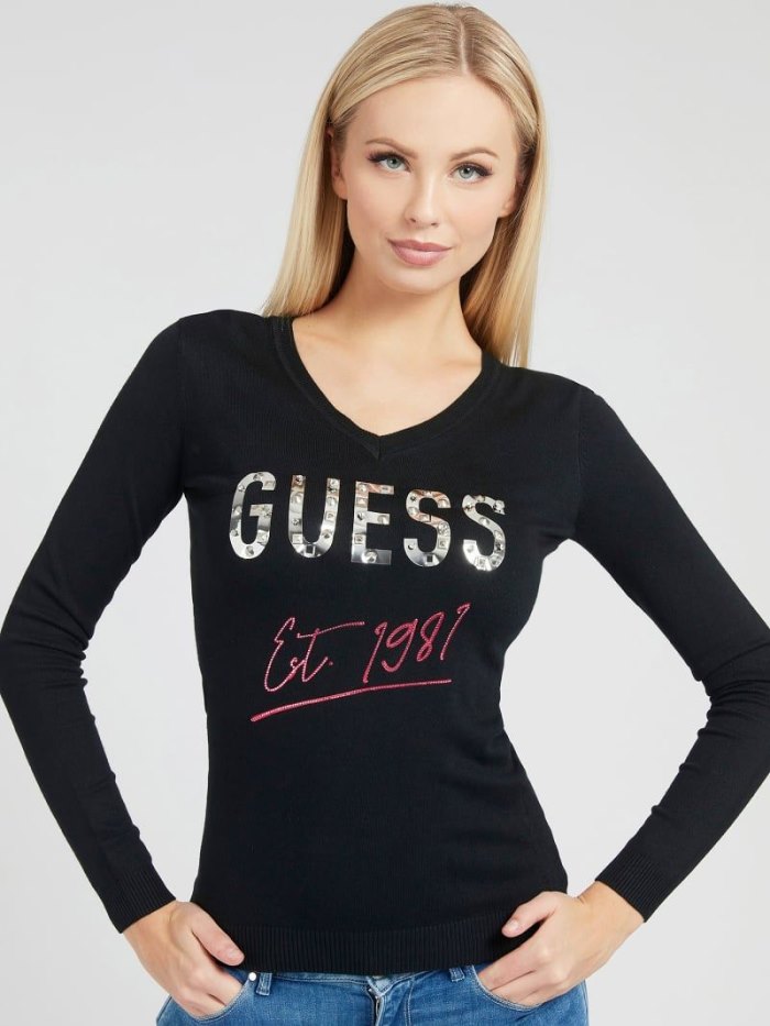 Guess Logo V Neck Kadın Kazak Siyah | TR-468267