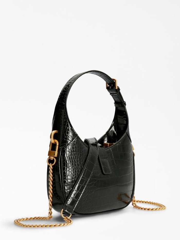 Guess Maimie Croc Print Mini Kadın Hobo Çanta Siyah | IZMFVZET