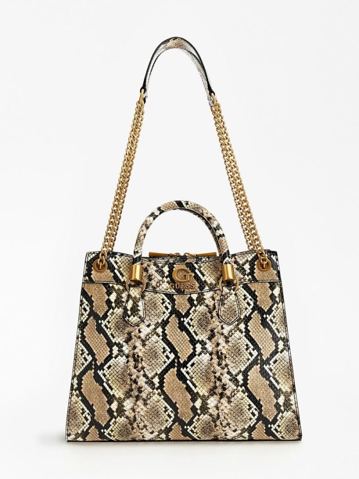 Guess Nell Python-print Kadın Omuz Çantası Bej Rengi | TR-387953