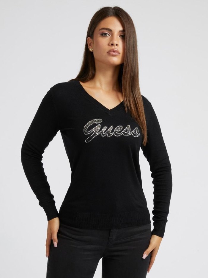 Guess Rhinestones Front Logo Kadın Kazak Siyah | TR-009643