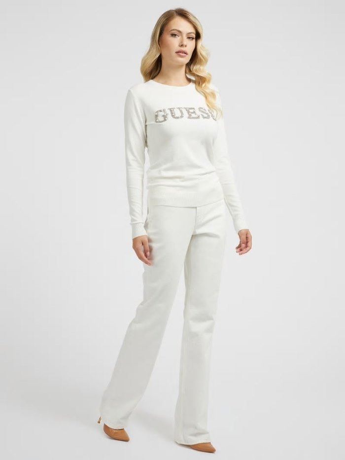 Guess Rhinestones Front Logo Kadın Kazak Beyaz | TR-376098