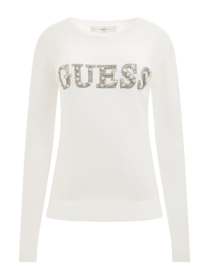 Guess Rhinestones Front Logo Kadın Kazak Beyaz | TR-376098