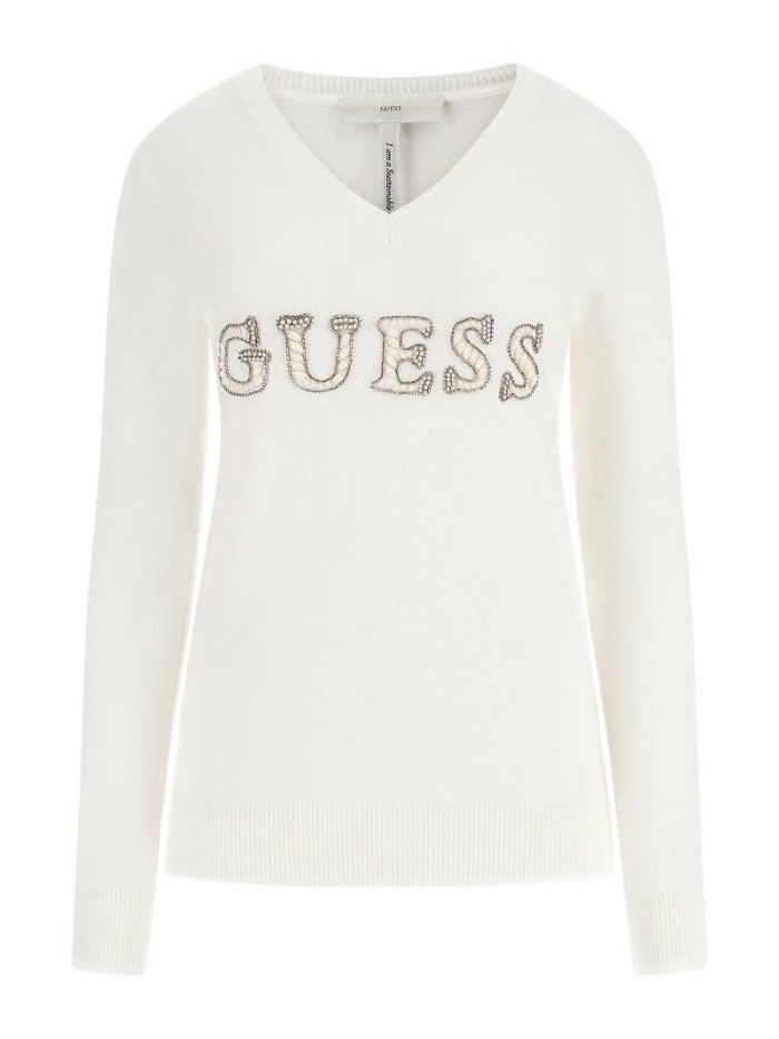 Guess Rhinestones Front Logo Kadın Kazak Beyaz | TR-439179