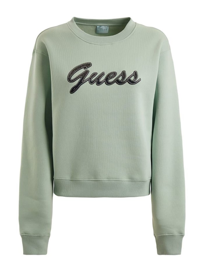 Guess Rhinestones Front Logo Kadın Tişörtü Yeşil | TR-581690