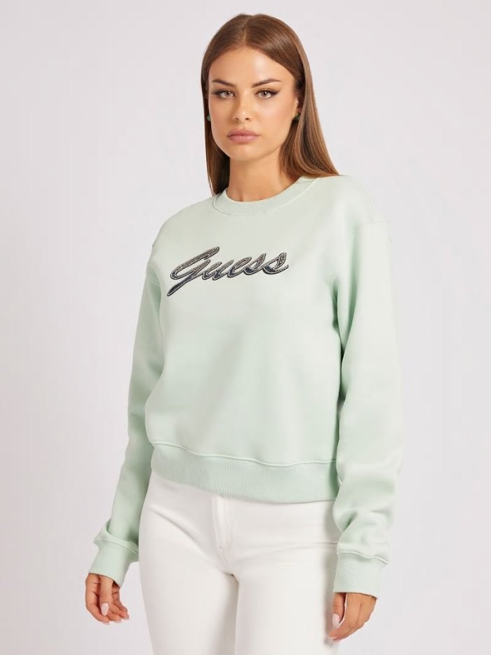 Guess Rhinestones Front Logo Kadın Tişörtü Yeşil | TR-581690