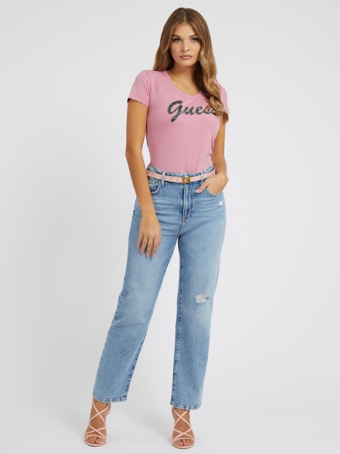 Guess Rhinestones Front Logo Kadın Tişört Pembe | TR-648637