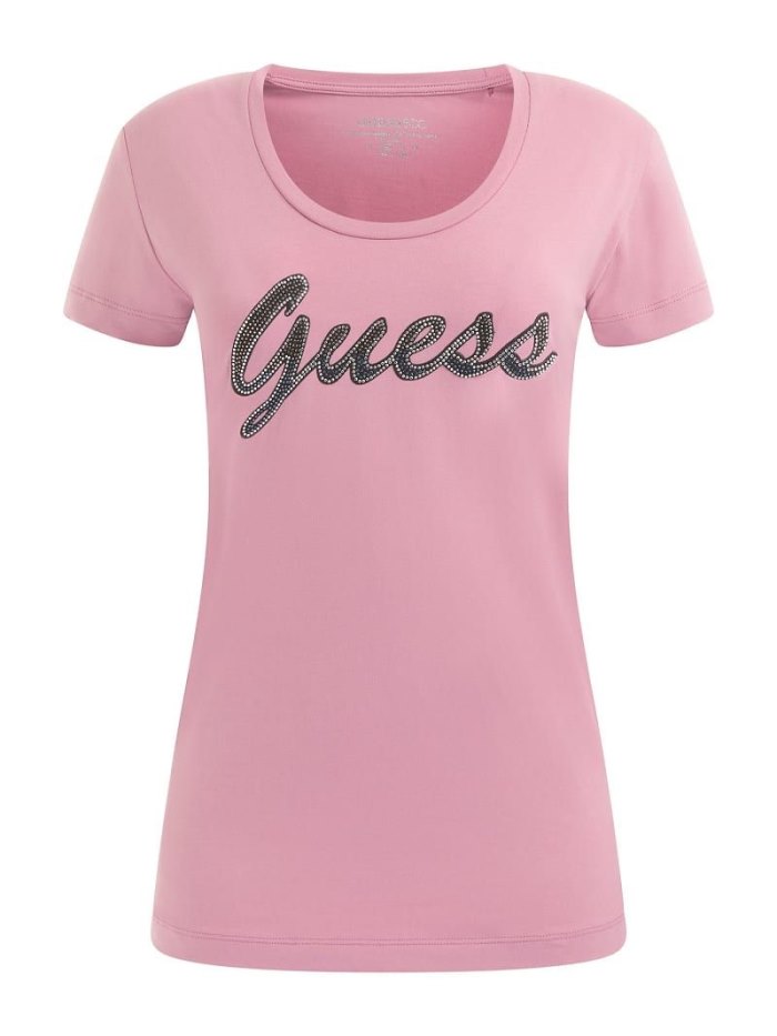 Guess Rhinestones Front Logo Kadın Tişört Pembe | TR-648637