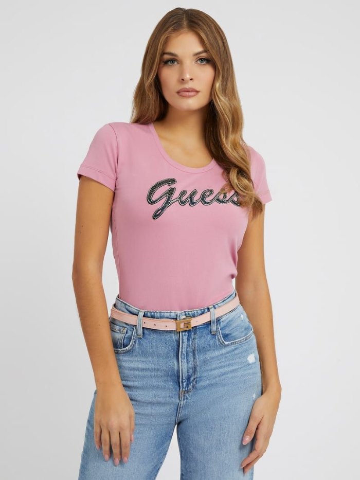 Guess Rhinestones Front Logo Kadın Tişört Pembe | TR-648637