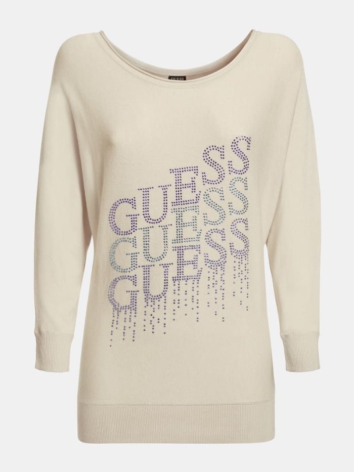 Guess Rhinestones Logo Kadın Kazak Beyaz | TR-290723