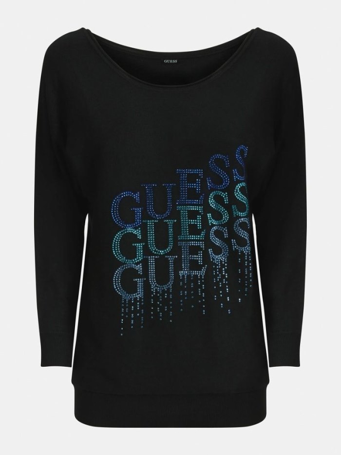 Guess Rhinestones Logo Kadın Kazak Siyah | TR-565501