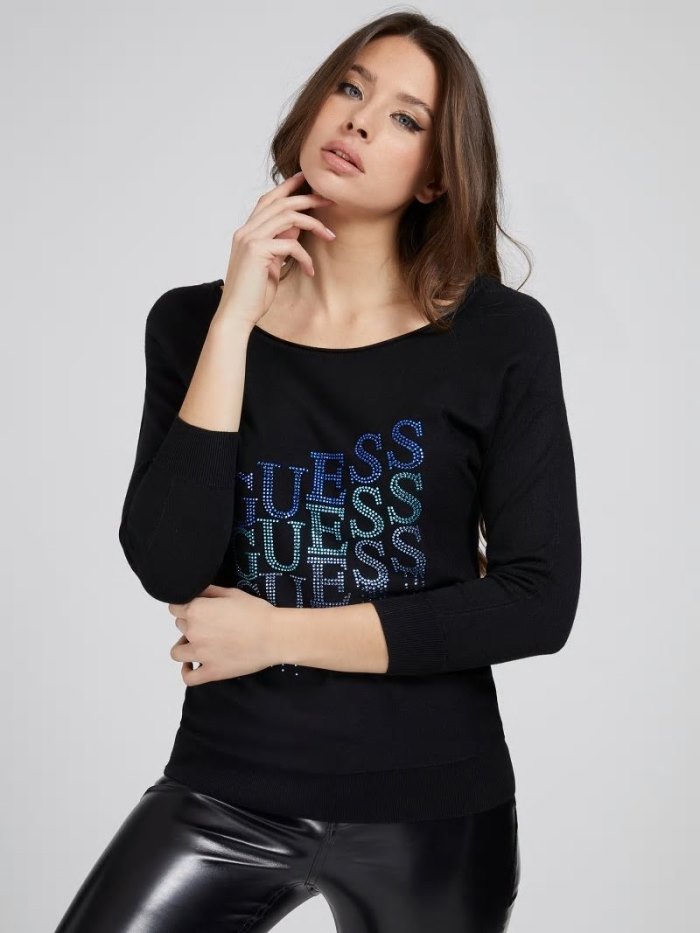 Guess Rhinestones Logo Kadın Kazak Siyah | TR-565501